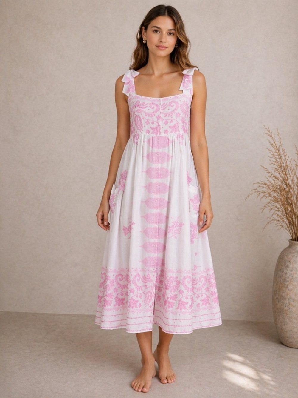 Juliet Dunn Pink White Tie Shoulder Midi Dress Cotton Lined Resort Boho